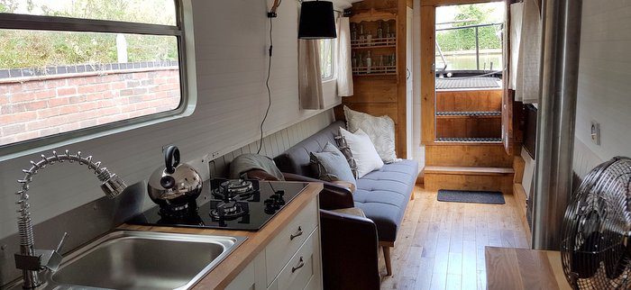 The lounge area in Lesley Ann Boutique narrowboat at union wharf Marina Market Harborough