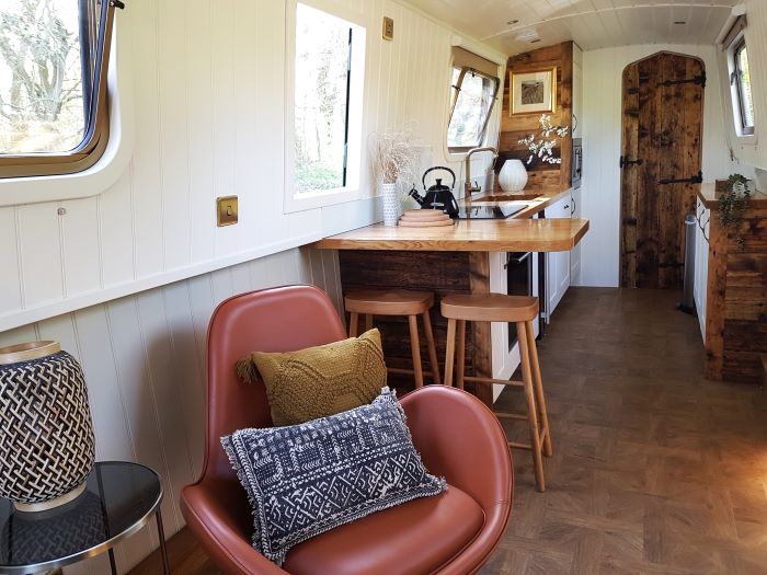 Breakfast bar on Marbled White luxury narrowboat