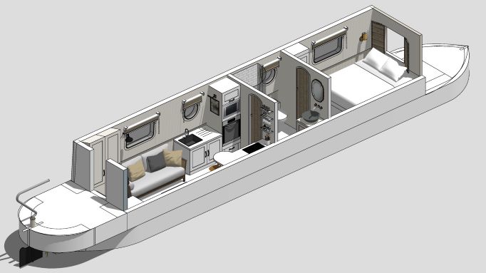 Cutaway view of the Boutique Narrowboat canal boat built for holidays