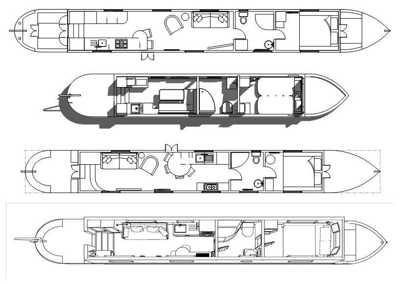 Layout designs of luxury canal boats built by Boutique Narrowboats